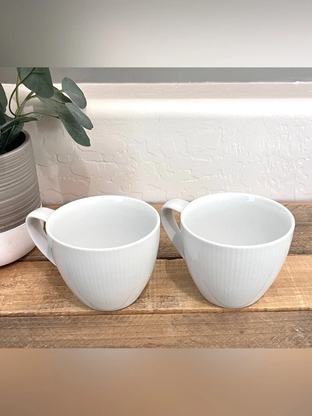 Crate & Barrel White Porcelain Ribbed Mugs - Set of 2